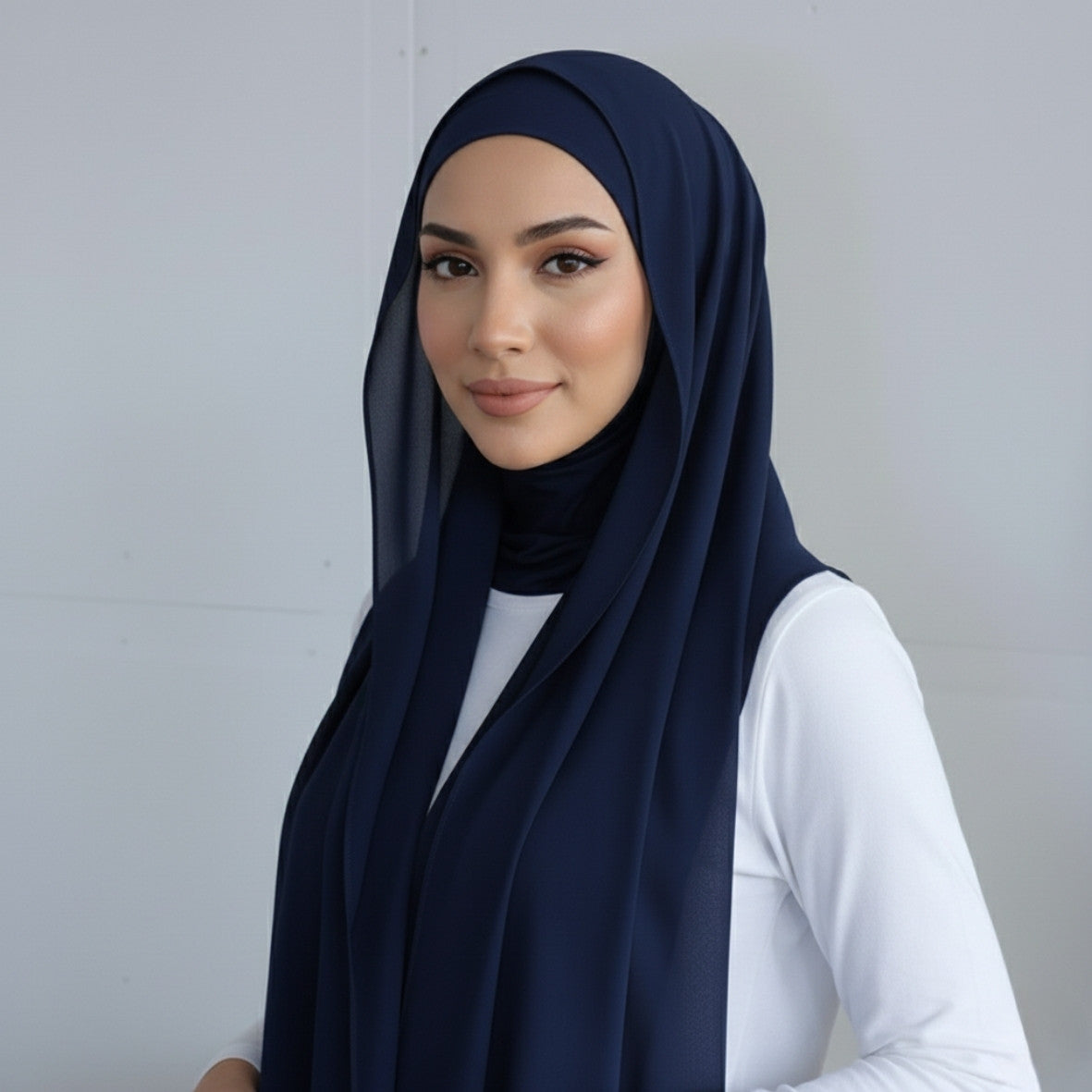 Chiffon Hijab With over neck  Undercap  - Navy