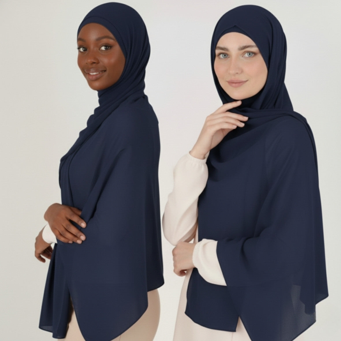 Chiffon Hijab With over neck  Undercap  - Navy